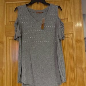 Belldini Cold-Shoulder V-Neck Tank Top with Stud Accents - Gray NWT
